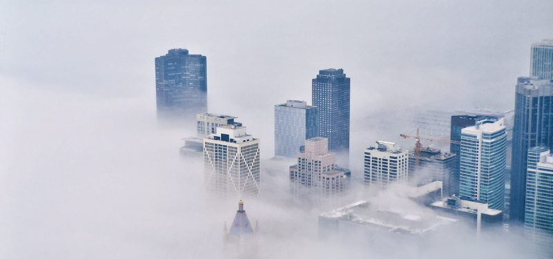 City shrouded in fog