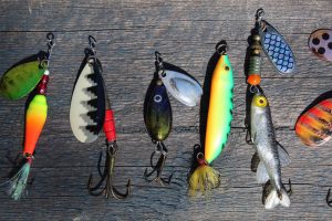 Several multi-colored fishing lures.