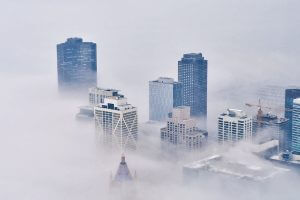 City shrouded in fog