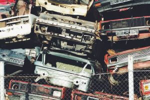 Stacked junkyard cars