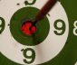 Dart in the red bullseye on green and wite concentric circled dart board